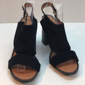 Franco Sarto Black Suede Open Toe Block Heel Sandal Size 11